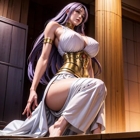 Sasha, Purple Hair,  long hair, red eyes,  white dress,  color,  Long Skirt , sleeveless, Bare shoulders, , clavicle,  Gold Accessory ,  corset,  1 girl, Facial features of the perfect Asian goddess lawless boobs，Wonderful，Alone, (Huge :1.4),  keeps starin...