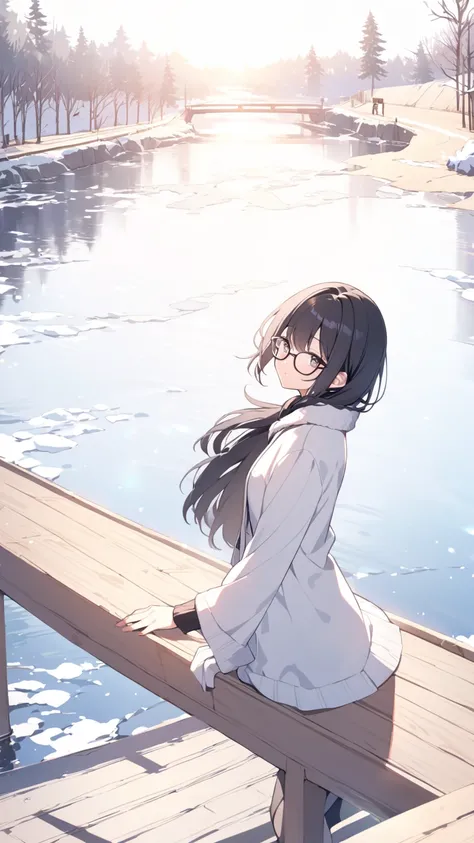 A girl with black hair and glasses looks at the sparkling river surface reflecting the morning sun from a bridge on a sunny winter morning