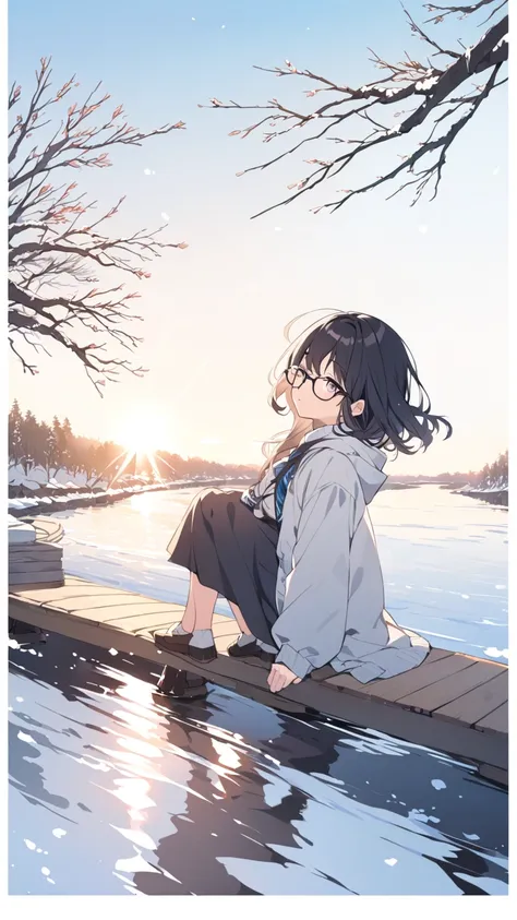 A girl with black hair and glasses looks at the sparkling river surface reflecting the morning sun from a bridge on a sunny winter morning