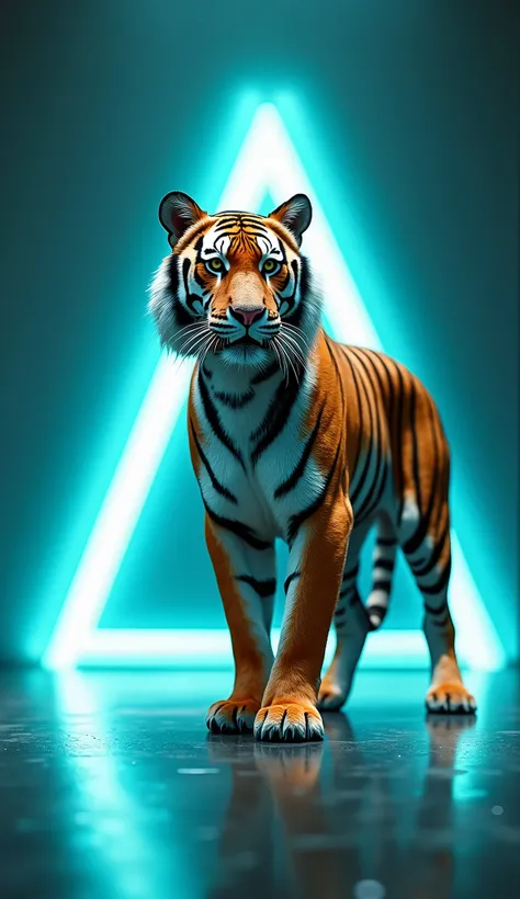 A majestic tiger standing confidently on a sleek, futuristic stage, illuminated by dramatic lighting. In the background, a glowing cyan triangular light adds a modern and mysterious atmosphere. The tigers fur is vibrant, with bold orange and black stripes,...