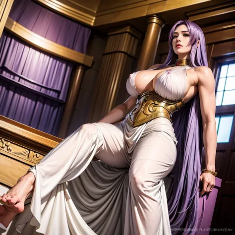 Sasha, Purple Hair,  long hair, red eyes,  white dress,  color,  Long Skirt , sleeveless,  big breasts　 big nipples　Bare shoulders, , clavicle,  Gold Accessory ,  corset,  1 girl, Facial features of the perfect Asian goddess lawless boobs，Wonderful，Alone, ...