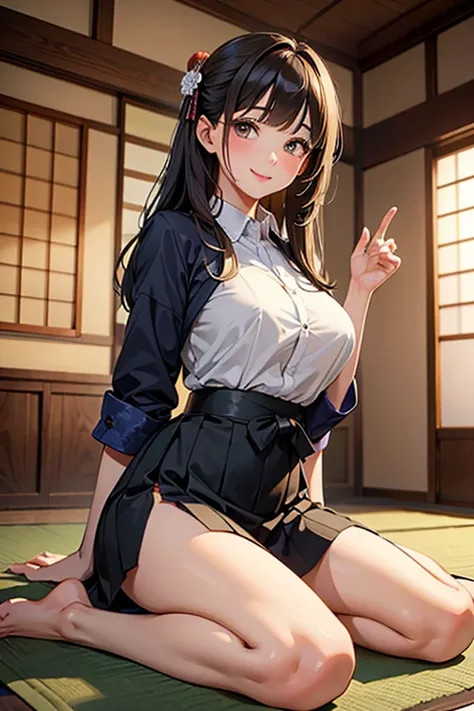 (( top quality)), ((  masterpiece  )), (  detailed hands , Detailed Fingers ,Detailed feet), perfect anatomy,  1 28 year old Japanese girl, Side view of a girl,Turn your face to the viewer and smile at the viewer,Big Breasts,Sexy office lady,White collared...