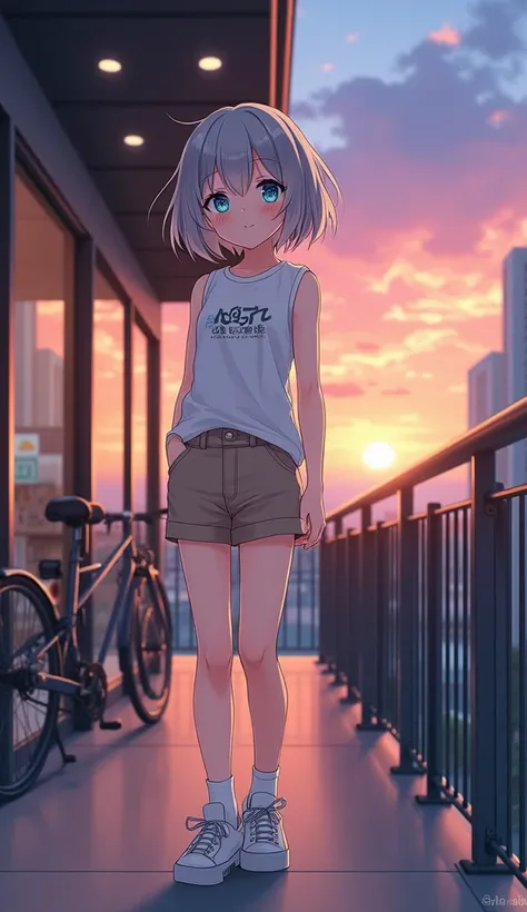 masterpiece,  top quality,  high definition ,  very detailed ,((( pretty girl with gray hair who has decided to pose))), ((( Japanese anime ))), ((( short hair))), ((( white printed sleeveless t-shirt))), (((Khaki shorts))), (((White socks))), ((( white sn...