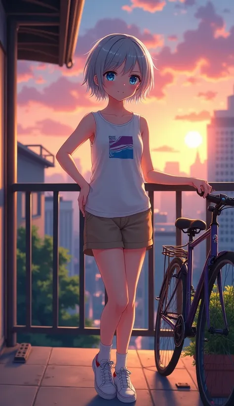 masterpiece,  top quality,  high definition ,  very detailed ,((( pretty girl with gray hair who has decided to pose))), ((( Japanese anime ))), ((( short hair))), ((( white printed sleeveless t-shirt))), (((Khaki shorts))), (((White socks))), ((( white sn...