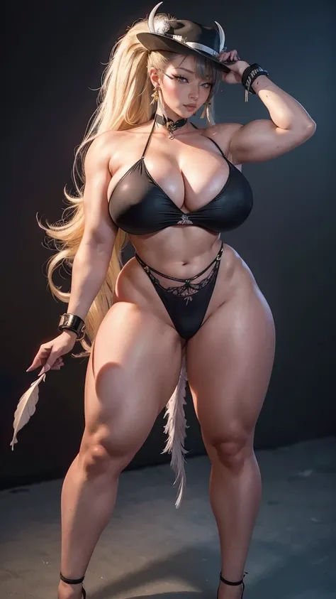  realistic ,  22 year old girl, blonde bajita, big body,  sexy black lace lingerie ,  Perfect Eyes, strands of hair,  Very very long hair ,  ultra-detailed hair , sexy nylon body,  Enlarged breasts , big body, blonde,  woman of 1,90 cm,  Ponytail, (( Hair ...