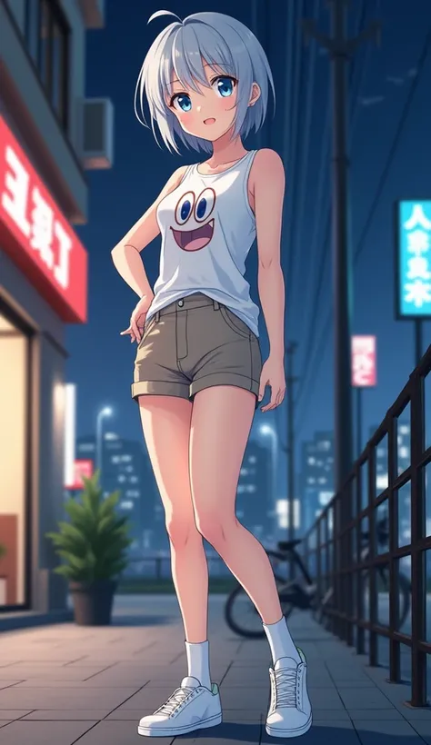 masterpiece,  top quality,  high definition ,  very detailed ,((( pretty girl with gray hair who has decided to pose))), ((( Japanese anime ))), ((( short hair))), ((( white printed sleeveless t-shirt))), (((Khaki shorts))), (((White socks))), ((( white sn...