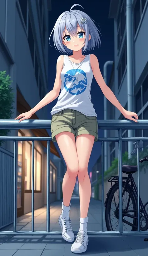 masterpiece,  top quality,  high definition ,  very detailed ,((( pretty girl with gray hair who has decided to pose))), ((( Japanese anime ))), ((( short hair))), ((( white printed sleeveless t-shirt))), (((Khaki shorts))), (((White socks))), ((( white sn...