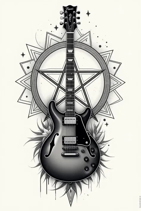 Electric guitar tattoo design with round musical pentagram and geometric figures