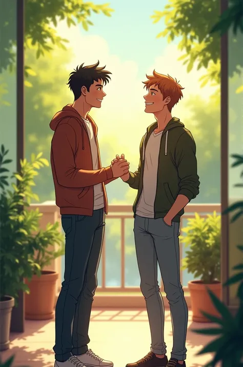 "Supportive interaction between two men, one confidently expressing himself with an open and energetic posture, while the other offers a warm, encouraging smile. The setting is casual, with soft natural lighting, either in a park or on a sunny balcony. The...