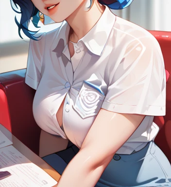  close-up of a woman in a white shirt sitting on a chair, Gorgeous young Korean woman , White clothes are very transparent, Breast and visible 