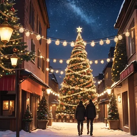  Christmas date 、Only 2 men and women walk 、 the woman has short hair 、 Romantic Atmosphere、 beautiful illuminated cityscape 、 decorate the Christmas tree with lights、 the stars shine in the night sky 、Very beautiful、 amazing