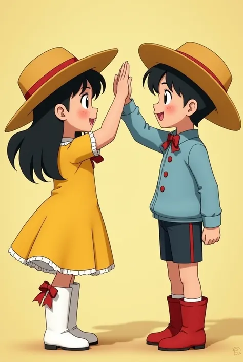 Old anime commercial 、A girl in a yellow dress and a boy in a yellow cowboy hat are giving high fives
The girl is in white boots with a red ribbon
Boys wear light blue clothes, black shorts, and red boots

3D、Real high resolution, 