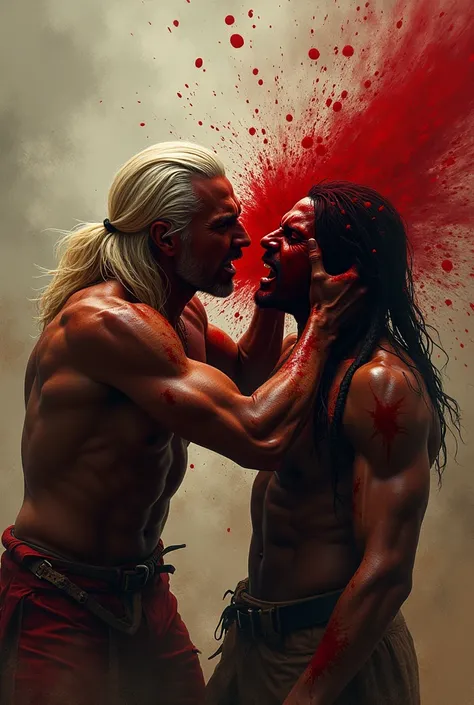 White blonde guy hiting an indian guy in his face while ton of blood spits out