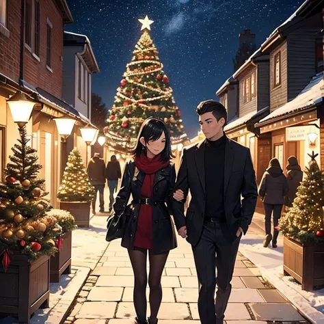  Christmas date 、Two men and women walk 、 the woman has short black hair 、 Romantic Atmosphere、 beautiful illuminated cityscape 、 decorate the Christmas tree with lights、 the stars shine in the night sky 、Very beautiful、 amazing