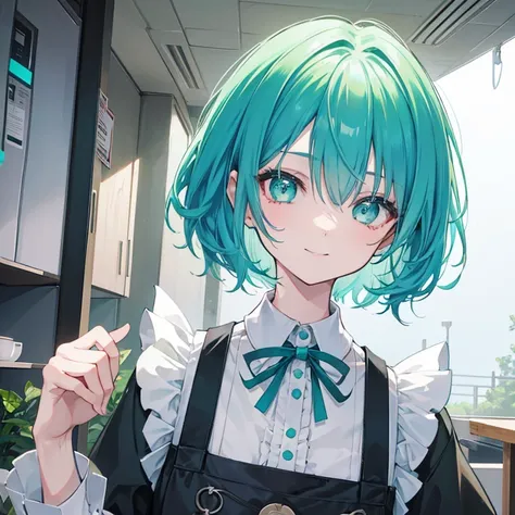 A girl with short hair is in the center of the screen、girl with green hair(cyan dip-dye hair)、messy hair、smile、Maid