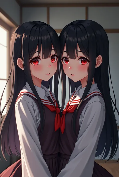 Two beautiful twin lady, long black hair with bangs hime cut, red eye, japanese school uniform, innocent, bust, gorgeous body, yandere and tsundere