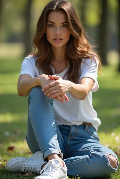 White woman,  brown hair  , tight jeans and white sneakers sitting on the floor, opening her legs, Pixar style in a park , sexy, Shameless



