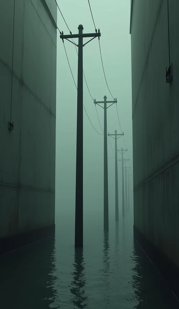 No people, backroom with vertical and horizontal lines, floor, dim water, funny utility poles
