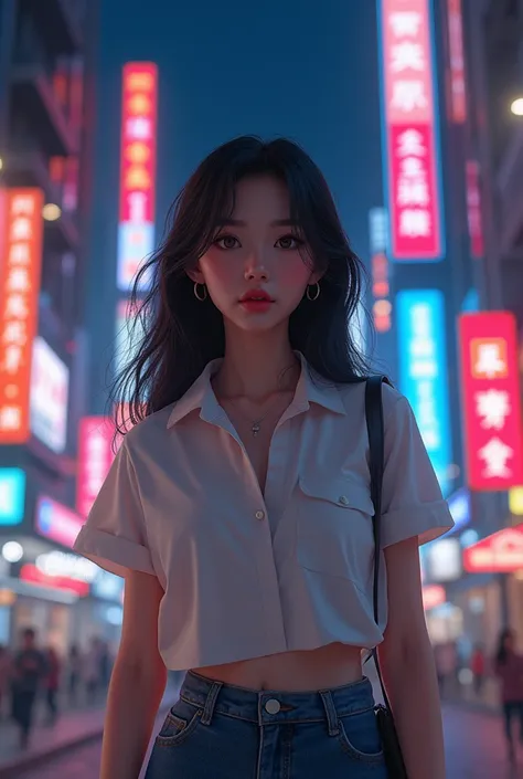  best quality , 8k,  very delicate facial texture and skin,  high resolution,  Cute Asian girl standing in the city at night , Unbutton 2pcs 