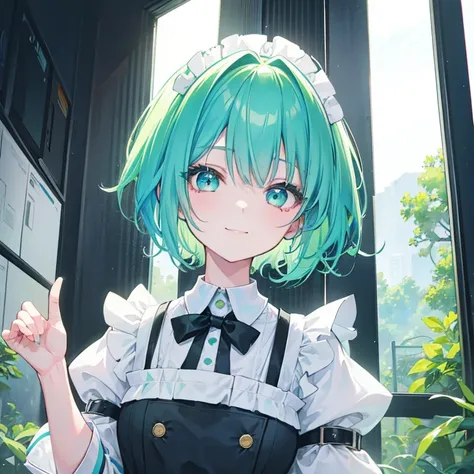 A girl with short hair is in the center of the screen、girl with green hair(cyan dip-dye hair)、messy hair、smile、Maid