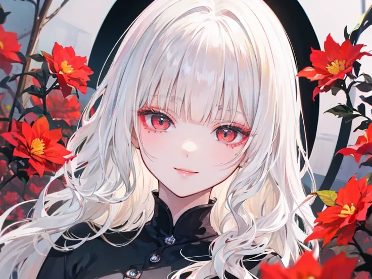  Beautiful girl long wavy platinum blonde hair, red eyes, blunt bangs, super detailed big eyes and lips, cupid bow lips, long eyelashes,makeup douyin, focus on eyes, full of red flowers. Black outfit, black organization member, spider tatto. Cute smirk
