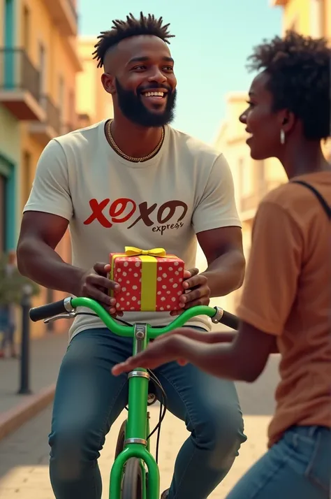 Create a hansom black guy on a green bike with a gift to deliver to an African mother on the guys shirt write xoxo express 