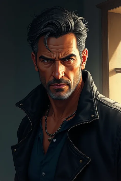 Handsome older man, tan skin, black hair, muscular, black leather jacket, brown eyes, in the dark room background, semi watercolor style, light shining through the window, dark shadows, dark composition, less realistic, soft anime, soft oil painting style