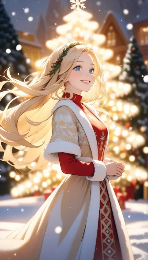 A joyous Christmas girl, blonde hair flowing, bright smile, blue eyes, detailed costume with intricate patterns, standing upright, hands clasped in delight, photorealistic style, focused perspective, warm golden lighting, soft snowflakes falling in the bac...