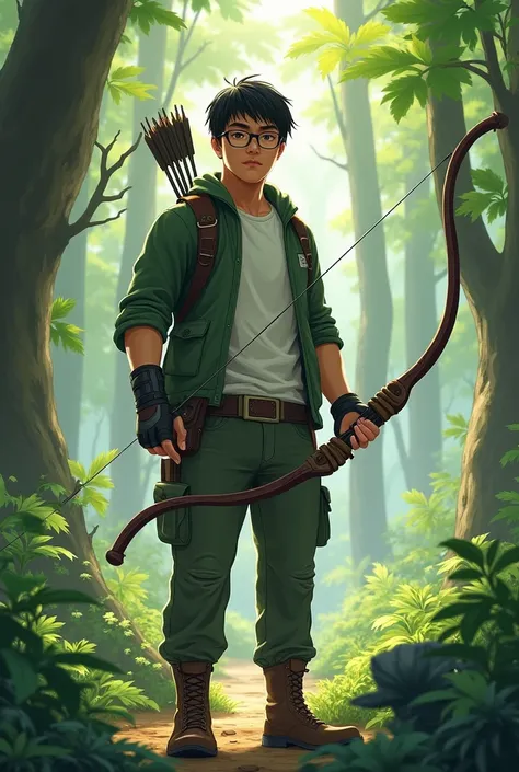 Asian man with black hair wearing glasses wearing a white t-shirt with a green outer wearing a wirstband and half finger gloves wearing cargo pants with black leather boots carrying a bow and arrow in the middle of the forest