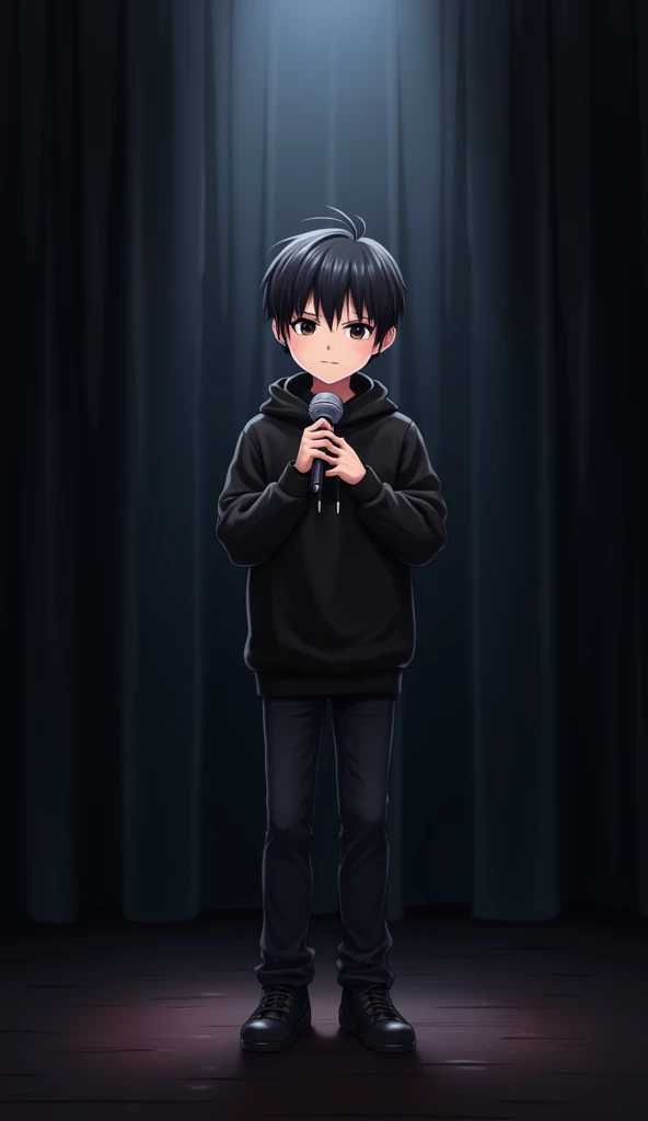  Animas character of a boy with dark hair wearing a black hoodie. He holds a microphone in his hands ,  standing on stage with black curtains as a background .  The atmosphere gives the impression of a stand-up comedy or a live performance 