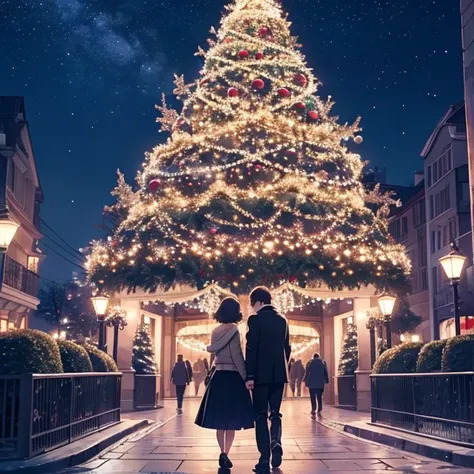 1 person is wearing a skirt、 Christmas date 、Only 2 men and women walk 、 the woman has short hair 、 Romantic Atmosphere、 beautiful illuminated cityscape 、 decorate the Christmas tree with lights、 the stars shine in the night sky 、Very beautiful、 amazing