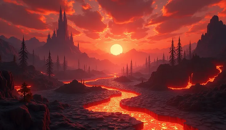 Here’s a detailed prompt for your image generator:

"A Minecraft Nether reimagined in real life, depicted as a fiery, hostile dimension filled with jagged, black basalt formations, glowing magma rivers, and a sky filled with swirling red and orange clouds....