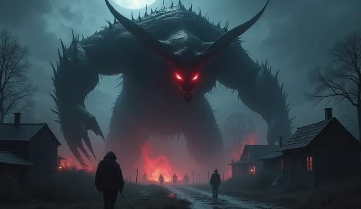 The demon’s terrifying presence is showcased. He attacks a village in the dark of the night, his glowing red eyes piercing through the shadows as he grabs villagers with his powerful claws.