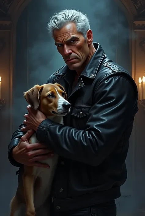 Handsome older man, tan skin, black hair, muscular, black leather jacket, brown eyes, in the dark room background, holding a dog, semi watercolor style, dark ambiance, dark shadows, dark composition, less realistic, soft anime, soft oil painting style