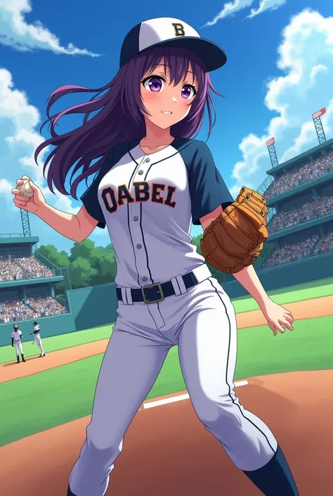 Japanese animation style、High school girl、Baseball uniform 、 Baseball Cap 、left pitcher、Dark Purple Long Hair、 purple pupils