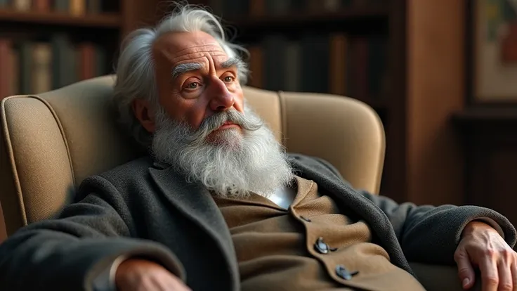 a handsome old man having beard sitting in a couch