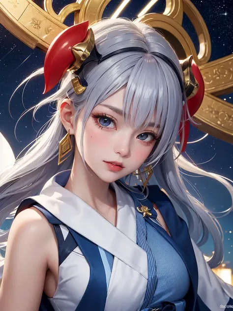 masterpiece， top quality，8k， Detailed Skin Textures ， detailed cloth texture，Beautifully detailed face， complex details， super detailed，Rei Ayanamiの肖像， Silver Hair，Red colored eyes， black headgear on the head,Pixieカット，Shining Skin Hair Ornaments, gold hair...