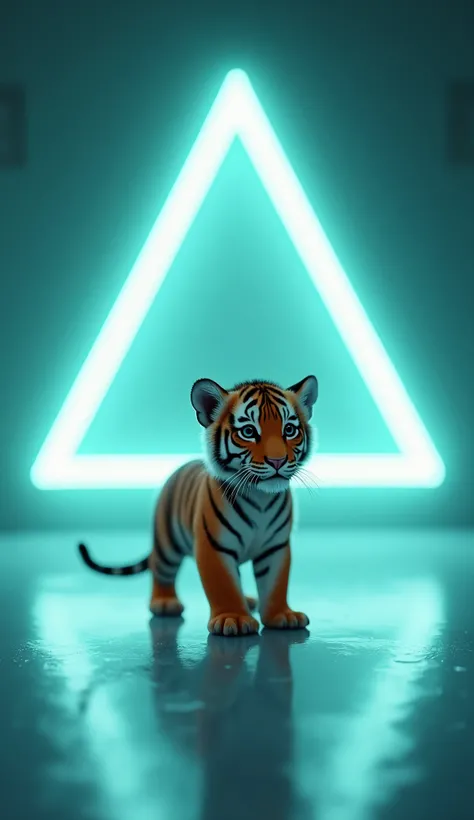 "A small tiger cub standing gracefully on a sleek, reflective surface in a futuristic setting. The cub has bright orange fur with bold black stripes and an attentive, curious expression. Behind the cub, a glowing cyan triangular light adds a dramatic and m...