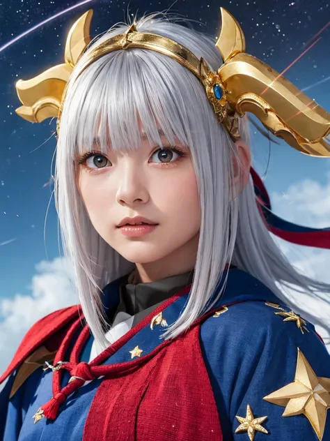 masterpiece， top quality，8k， Detailed Skin Textures ， detailed cloth texture，Beautifully detailed face， complex details， super detailed，Rei Ayanamiの肖像， Silver Hair，Red colored eyes， black headgear on the head,Pixieカット，Shining Skin Hair Ornaments, gold hair...