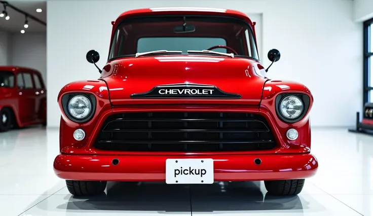 Front view of red with shiny clour in red shining classic 2025 Chevrolet Pickup captured from front view with modified sleek headlights  & with a “Chevrolet” logo and tecnology with a plate called “pickup ” with in a  Luxury bright showroom with white glea...