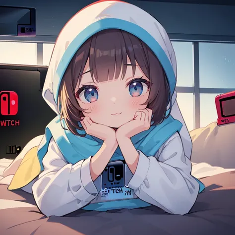 (((a girl lying on her stomach and covering her head with a quilt))), 1girl, solo, (((😋))), (nintendo switch:1.5), (holding), lying, covering with blanket, chibi, cute face, short hair, (pajamas), indoors, (dark background:1.2), on bed, (screen light:1.5),...