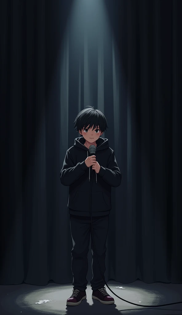  Animas character of a boy with dark hair wearing a black hoodie. He holds a microphone in his hands ,  standing on stage with black curtains as a background .  The atmosphere gives the impression of a stand-up comedy or a live performance 