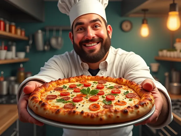 a big hot delicious pizza and chiken shawarma in hands with smiling chef