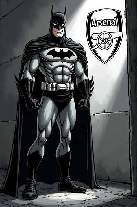 Batman from the cartoon next to the Arsenal Football Club Logo, the wallpaper should be black and white 