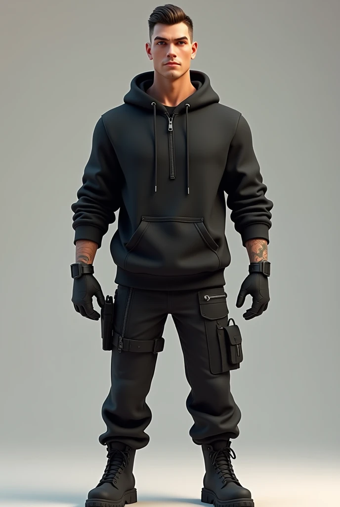 (photorealism:1.2), handsome guy, military hairstyle, wearing a hoodie and a black tactical pants, black tactical boots, pixar style