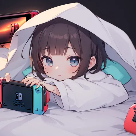 (((a girl lying on her stomach and covering her head with a quilt))), 1girl, solo, (((😋))), (nintendo switch:1.5), (holding), lying, covering with blanket, chibi, cute face, short hair, (pajamas), indoors, (dark background:1.2), on bed, (screen light:1.5),...