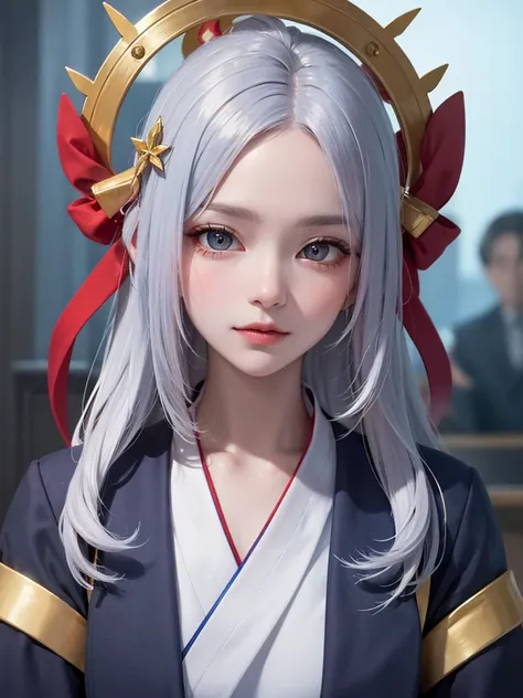 masterpiece， top quality，8k， Detailed Skin Textures ， detailed cloth texture，Beautifully detailed face， complex details， super detailed，Rei Ayanamiの肖像， Silver Hair，Red colored eyes， black headgear on the head,Pixieカット，Shining Skin Hair Ornaments, gold hair...