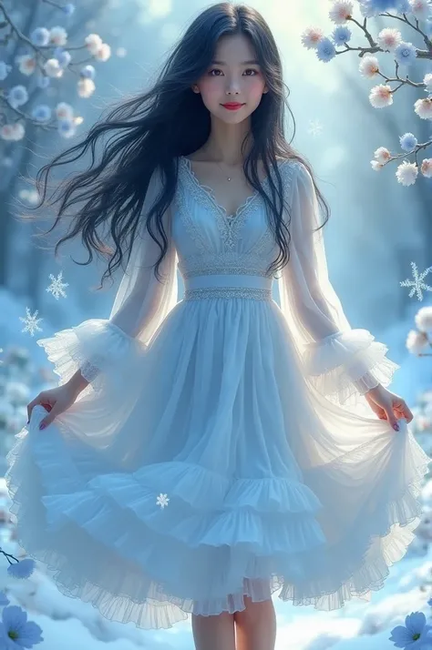 (Winter Girl 1:1.5)、black hair girl、(Long Hair)、Ruffled winter Skirt、Lots of light blue flowers、Sparkling、lame、Glitter、White Feather、(posing)、smile full body