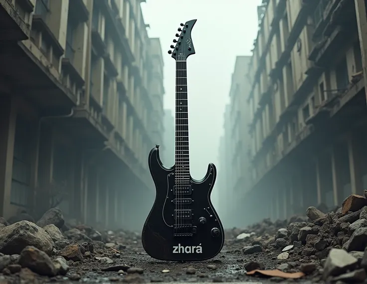 BLACK electric guitar, with the words "ZHARA", background of slums and foggy building debris
