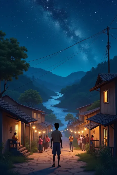 A night scene ,Kwaku, a 14year old Ghanaian, walking through his beautiful township near the mountain , with beautiful  flowing river, countless stars in the sky, Kwaku standing proudly in the township square, surrounded by people using his inventions. The...